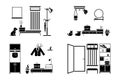 Apartment hallway design vector illustration icon set. Foyer entrance cut out flat style silhouette pictogram Royalty Free Stock Photo