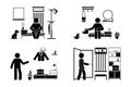 Apartment hallway design vector illustration icon set. Stick figure man in foyer entrance cut out flat style silhouette pictogram