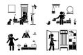 Apartment hallway design vector illustration icon set. Stick figure woman foyer entrance cut out flat style silhouette pictogram Royalty Free Stock Photo