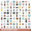 100 apartment icons set, flat style