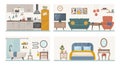 Apartment inside. Set with interiors. Furnished rooms. Flat vector illustration of rooms with furniture. Royalty Free Stock Photo