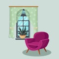 Apartment interior bright chair window curtains and cactus