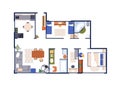 Apartment interior design, top view. Overhead floor plan with furnished rooms in home. Furniture in bedroom, kitchen