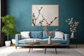 room interior apartment furniture design blue wall wood home sofa modern. Generative AI. Royalty Free Stock Photo