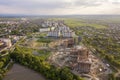 Apartment or office brick buildings under construction, top view. Building site with tower cranes from above. Drone aerial Royalty Free Stock Photo