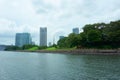 Apartment and office buildings, japanese garden on the Sumida River Tokyo Royalty Free Stock Photo