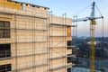 Apartment or office tall unfinished building under construction. Brick wall in scaffolding, shiny windows and tower crane on urban Royalty Free Stock Photo
