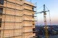 Apartment or office tall unfinished building under construction. Brick wall in scaffolding, shiny windows and tower crane on urban Royalty Free Stock Photo