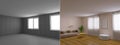 apartment renovation before and after 3d render, 3d illustration apartment improvement Royalty Free Stock Photo