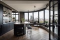 apartment renovation, with view of the city skyline, featuring elegant and modern design elements