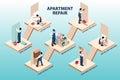 Apartment repair composition with set of isometric platforms with repairman characters instruments materials and text captions Royalty Free Stock Photo