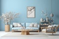 plant home sofa apartment interior design furniture wall blue room modern. Generative AI. Royalty Free Stock Photo