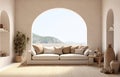 Apartment terrace or hotel Santorini Interior of modern living room sofa or couch with beautiful sea view, arched windows