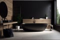 luxury mirror interior bathroom modern design furniture black wood home bathtub. Generative AI. Royalty Free Stock Photo