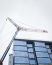 Apartment under construction. Construction crane above the building against a cloudy sky. Auckland. Vertical format