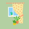 Apartment window inside view. Hand drawn simple flat interior with curtain and home plants. Stock vector illustration isolated on