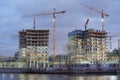 Apartments development site at the bank of the river till late evening, Moscow, Russia