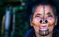 Apatani tribal women closeup facial expression with her traditional nose lobes and blurred background