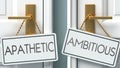 Apathetic and ambitious as a choice - pictured as words Apathetic, ambitious on doors to show that Apathetic and ambitious are