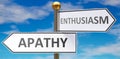 Apathy and enthusiasm as different choices in life - pictured as words Apathy, enthusiasm on road signs pointing at opposite ways