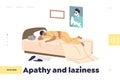 Apathy and laziness concept of landing page with man lying in bed and sleeping Royalty Free Stock Photo