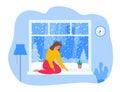 Apathy mental health . sad unhappy woman sitting on window winter weather vector