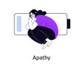 Apathy, psychology concept. Apathetic exhausted woman with low energy, exhaustion. Fatigue tired unmotivated girl
