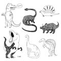 Apatosaurus triceraptor and angry tyrannosaurus rex with open huge mouth sketch. Hand-drawn dinosaur set. Animal vector
