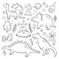 Apatosaurus triceraptor and angry tyrannosaurus rex with open huge mouth sketch. Hand-drawn dinosaur set. Animal vector