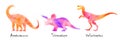 Apatosaurus, Triceratops, Velociraptor dinosaurs . Colorful silhouette watercolor painting style . Set 3 of 5 . Illustration