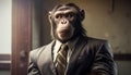 Ape Baboon Dressed In Formal Business Suit Blurred Background - Generative AI