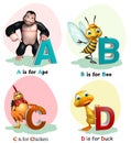 Ape, Bee, Chicken and Duck with Alphabate