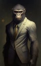 The ape businessman illustration depicts a professional primate dressed in a sharp suit, carrying a briefcase and exhibiting a