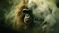 The ape, in an intriguing image amidst swirling green smoke, reflecting nature\'s enigmatic charm