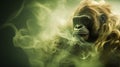 The ape, in an intriguing image amidst swirling green smoke, reflecting nature\'s enigmatic charm