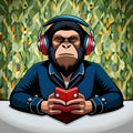 Ape listening music with headphones