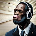 Ape listening music with headphones