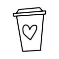 Aper Cup of coffee with a picture of a heart.Hand drawn line drawing.Black and white image.Doodles.Love, morning.Vector