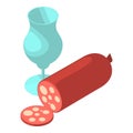 Aperitif icon isometric vector. Stick of chopped sausage and wine glass icon