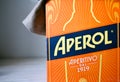 Aperol logo on the box. Royalty Free Stock Photo