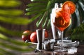 Aperol spritz cocktail in big wine glass with orange slices, summer cool fresh alcoholic cold beverage. Wooden bar counter