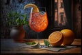 Aperol spritz cocktail, fresh, cold alcoholic beverage. Closeup of cool drink in glass. Generative Ai.