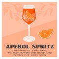Aperol Spritz Cocktail in glass with ice and slice of orange. Classic summer Italian aperitif recipe square card. Retro