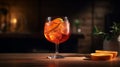 Aperol spritz cocktail in glass on wooden table. Generative AI Royalty Free Stock Photo