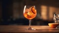 Aperol spritz cocktail in glass on wooden table. Generative AI Royalty Free Stock Photo