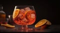 Aperol spritz cocktail in glass on wooden table. Generative AI Royalty Free Stock Photo