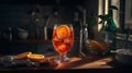 Aperol spritz cocktail in glass on wooden table. Generative AI Royalty Free Stock Photo