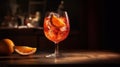 Aperol spritz cocktail in glass on wooden table. Generative AI Royalty Free Stock Photo