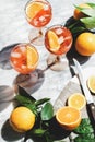 Aperol Spritz cocktail in glasses with oranges, top view Royalty Free Stock Photo