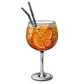 Aperol spritz cocktail, hand drawn alcohol drink with orange slice and ice. Vector illustration Royalty Free Stock Photo